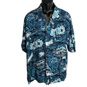 Vintage 90s Hawaiian Blue Button Up Shirt 2XL Blue Floral Short Sleeves Pocket